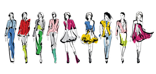 young beautiful women in stylish clothes. Fashion sketch. - 669527617