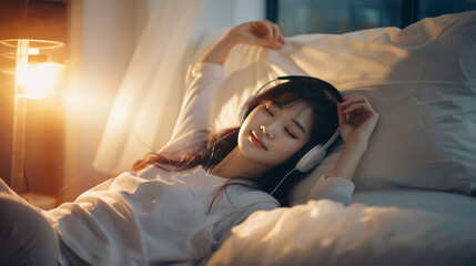 copy space, stockphoto, Female chinese college student using phone and headphones listening to music lying on bed in a student dorm. Student life. Relaxing female Chinese student.