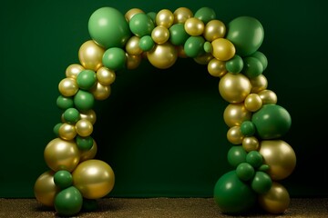 Fototapeta na wymiar Arch made of balloons in green and gold, set against a green background. Generative AI