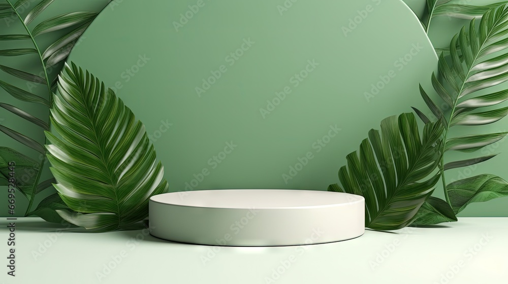 Aufkleber minimal abstract scene with geometric shapes. podium on white and green background with leaves. prod