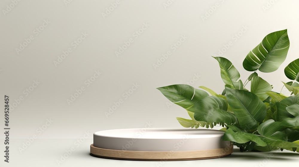 Poster product display podium with nature leaves on white background. 3d rendering