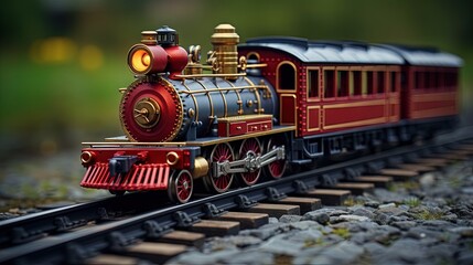 Miniature toy train with metal rails, scale 1:120. Vintage toy from 80's. - obrazy, fototapety, plakaty