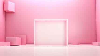 Abstract pink background texture with geometric shape. 3d cube wall. Minimal mockup with white picture frame and pink pastel podium scene concept. 3d render design for display product on website.