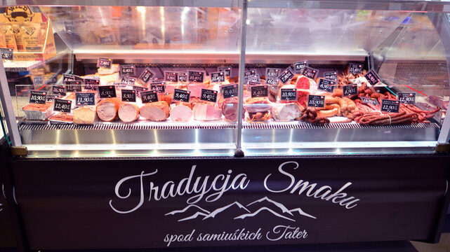 Warsaw, Poland. 28 October 2023. "Tradycja Smaku" cold cuts and meat stand at the Norblin Factory.
