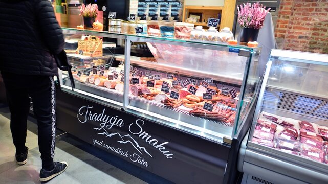 Warsaw, Poland. 28 October 2023. "Tradycja Smaku" cold cuts and meat stand at the Norblin Factory.