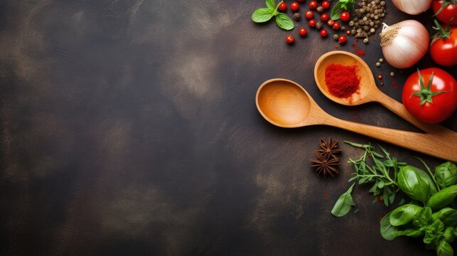 Wooden spoon and ingredients on old background. Vegetarian food, health or cooking concept. Background layout with free text space.