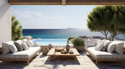 Outdoor lounge area of a luxury villa with a view of the Mediterranean sea. Summer vacation at poolside. above the sea