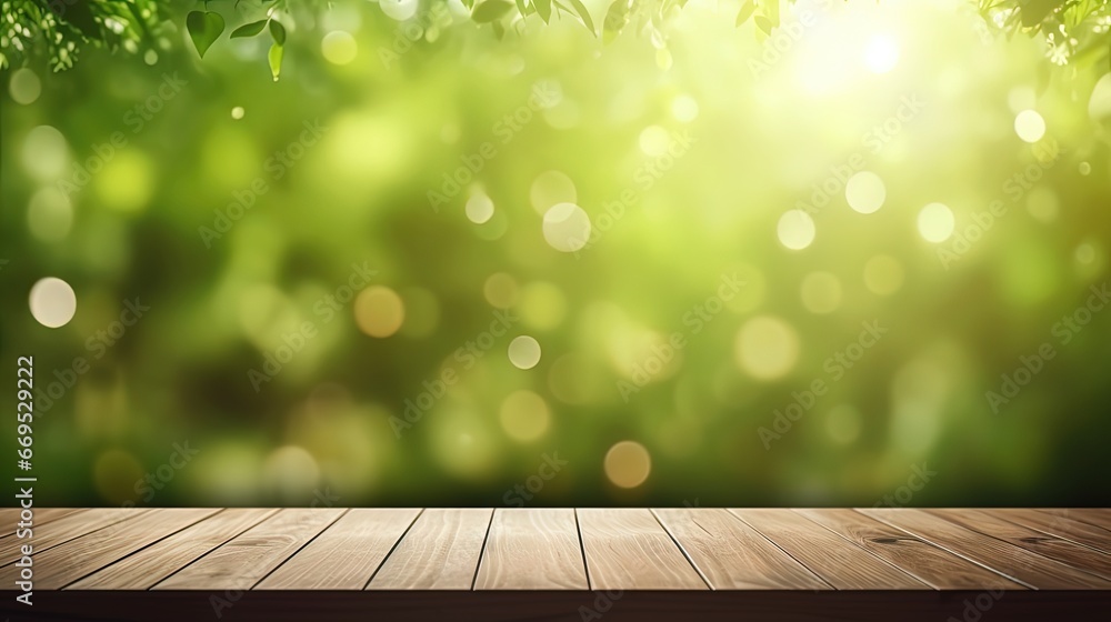 Aufkleber empty of wood table top on blur of curtain window and abstract green from garden with sunlight .for 