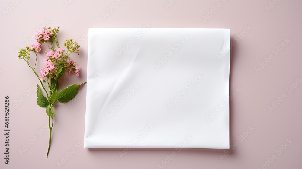 Poster top view with white empty kitchen napkin isolated on table background. folded cloth for mockup with 
