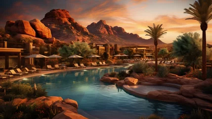 Tuinposter Arizona resort with pool during sunset © HN Works