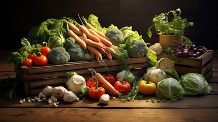 Organic food. Harvest of fresh vegetables in old boxes. On a wooden table.