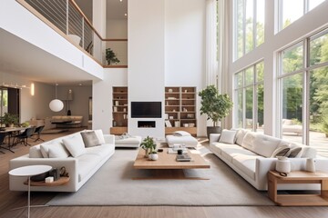 Fototapeta premium Luxurious luxury apartment with a staircase and two floors. A huge house with high ceilings, panoramic windows and comfortable furniture, privat library. Apartment with sofa, table, fireplace and TV.