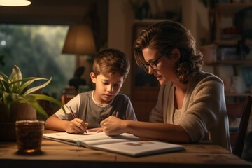 Mother helping her son with homework at home. Little boy learning at home. - obrazy, fototapety, plakaty