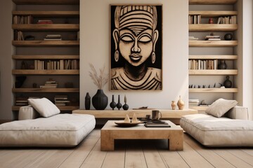 Home living room interior with ethnic decoration, African style