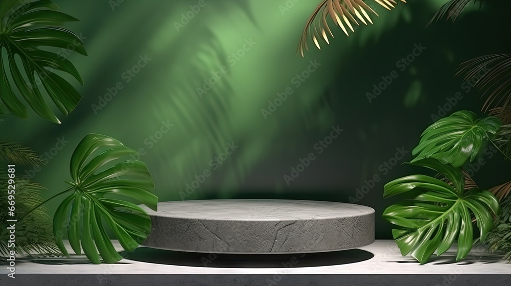 Aufkleber an empty podium made of gray stone on a green background with a shadow of tropical leaves. scene for