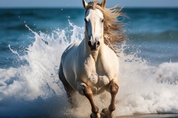 Horse run against the ocean,  galloping through water. 