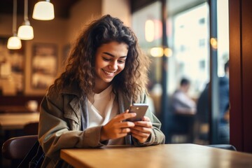 Beautiful girl with smart phone in cafe . Young woman drinking coffee in cafe steadicam