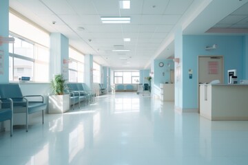 Naklejka na ściany i meble Blurred interior of hospital - abstract medical background.