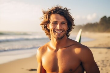Sexy surfer with surfboard on the beach. Handsome  man holding surfboard with long, wet hair on summer beach sport holiday. Surfing lifestyle. - obrazy, fototapety, plakaty