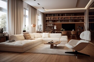 Fototapeta na wymiar Modern stylish living room with large windows and beige sofa on the background of brown wall with fireplace, shelving with books and decor, and potted plants. Cozy chalet interior. Empty space.