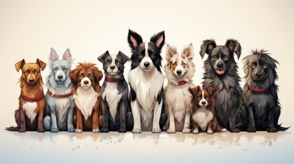 Nine dogs sitting next to each other isolated on white background