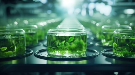 science technology research of green alga biofuel in laboratory, biotechnology industry with...
