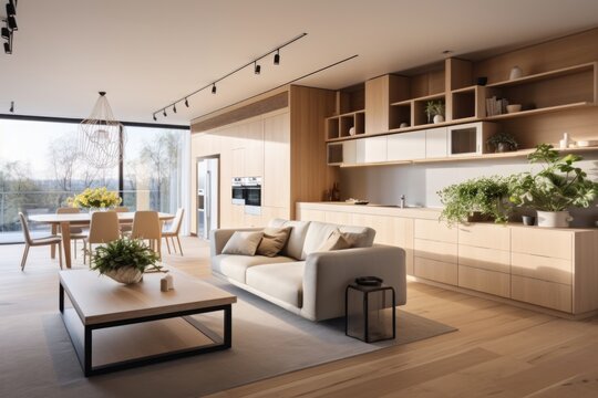 Modern Contemporary kitchen room interior and living room space with sofa , wooden furniture .white and wood material 3d render