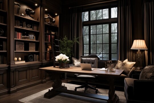 Luxury modern home office interior with panoramic windows shelves and desktop computer placed on wooden table
