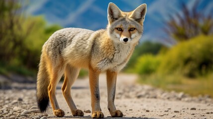 A young South American Grey Fox is standing on the grey road with a green background in Patagonia Chile