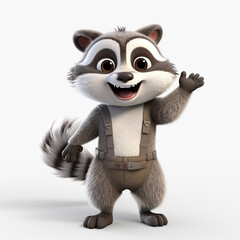 3D cartoon style illustration of a raccoon character wearing a shirt and a happy face. Isolated on white background.