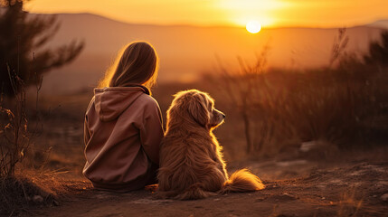 A girl and a little puppy watch the sunset