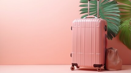 Pink suitcase with traveler accessories and coconut leaves on pastel pink background. travel concept.minimal style.