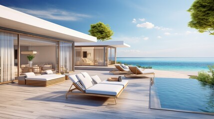 Luxury beach house with sea view swimming pool and terrace in modern design. Empty wooden floor deck at vacation home. 3d illustration of contemporary holiday villa exterior. - obrazy, fototapety, plakaty