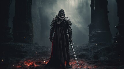 dark knight with a sword behind his back - obrazy, fototapety, plakaty