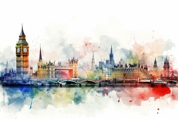 Watercolor London skyline featuring famous structures and landmarks. Generative AI