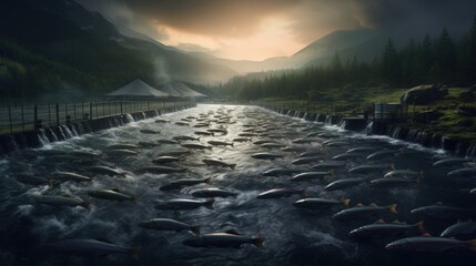 Farm salmon fishing in Norway. Norway is the biggest producer of farmed salmon in the world, with more than one million tonnes produced each year. - obrazy, fototapety, plakaty
