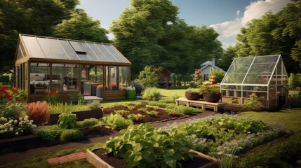 A garden plot with seedbeds and a glass greenhouse in the center of kitchen garden. A suburban or rustic backyard for gardening. A cloudy summer day.