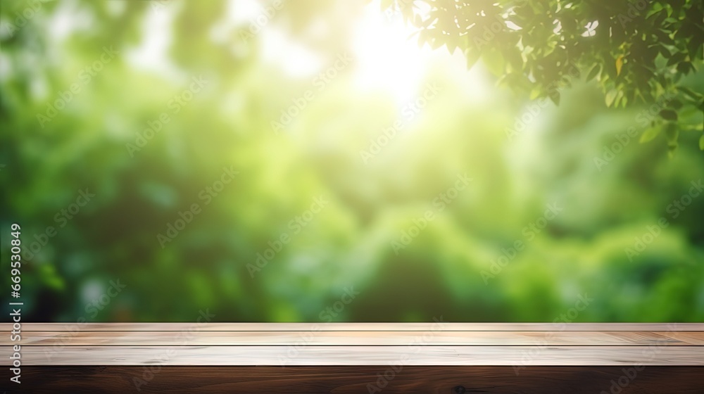 Aufkleber empty of wood table top on blur of curtain window and abstract green from garden with sunlight .for 