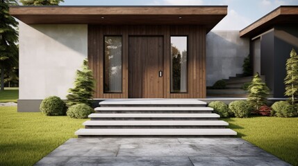 New house with wooden door entrance and empty concrete walkway. 3d rendering of green grass lawn in modern home.