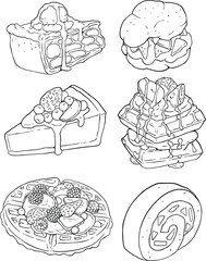 Vector line art illustration with food. Set with various baking. Illustration for menu, cookbook or coloring book. Sketch isolated on white background. homemade bakery - line vector set