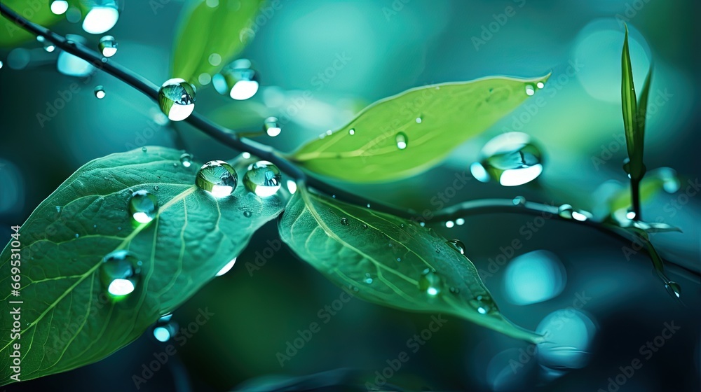 Poster large drop water reflects environment. nature spring photography — raindrops on plant leaf. backgrou