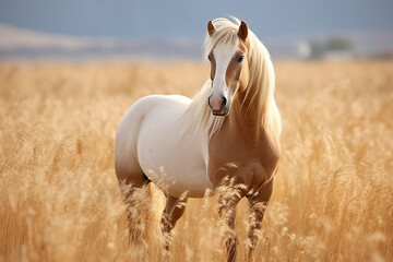 Beautiful white stallion with long mane running in the field - obrazy, fototapety, plakaty