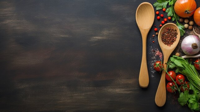 Wooden spoon and ingredients on old background. Vegetarian food, health or cooking concept. Background layout with free text space.
