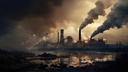 Industrial brown coal power plant chimney smokestack emission. - obrazy, fototapety, plakaty