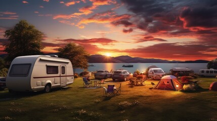 Camping caravans and cars parked on a grassy campground under beautiful sunset - obrazy, fototapety, plakaty
