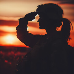 Soldier salute. Silhouette on sunset sky. War, army, military, guard concept. Armed Forces day, Generative ai