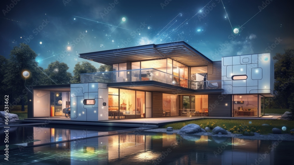 Poster illustration of a building with elements of a smart home system. science, futuristic, web, network c