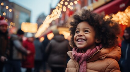 "Christmas Joy: Happy Child in Winter Wonderland" little girl celebrating on Christmas night. 