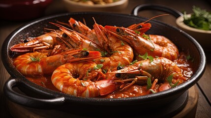 portuguese seafood grilled prawns tapas in spicy tomato piri piri sauce in lisbon restaurant