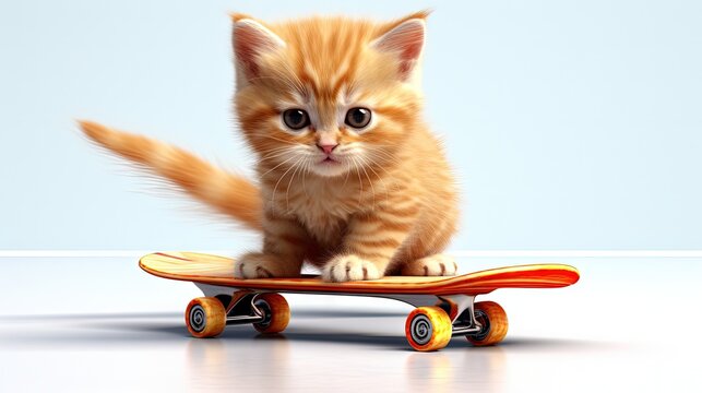 Cute Cartoon Orange Kitten On Skateboard Isolated On White Background